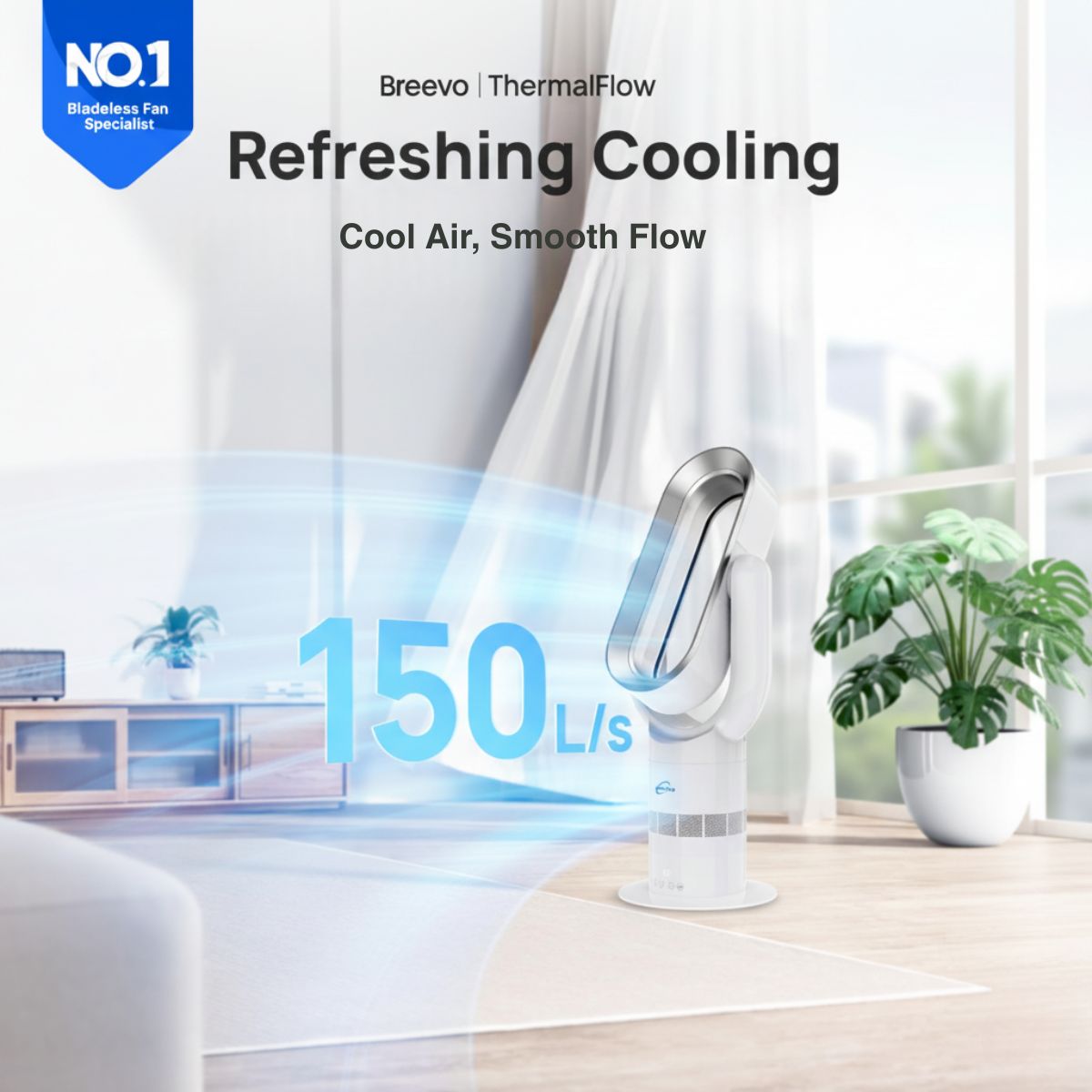 Hot and Cool Bladeless Fan - 2-in-1 Tower Heater for Bedroom | ThermalFlow | Silver/White