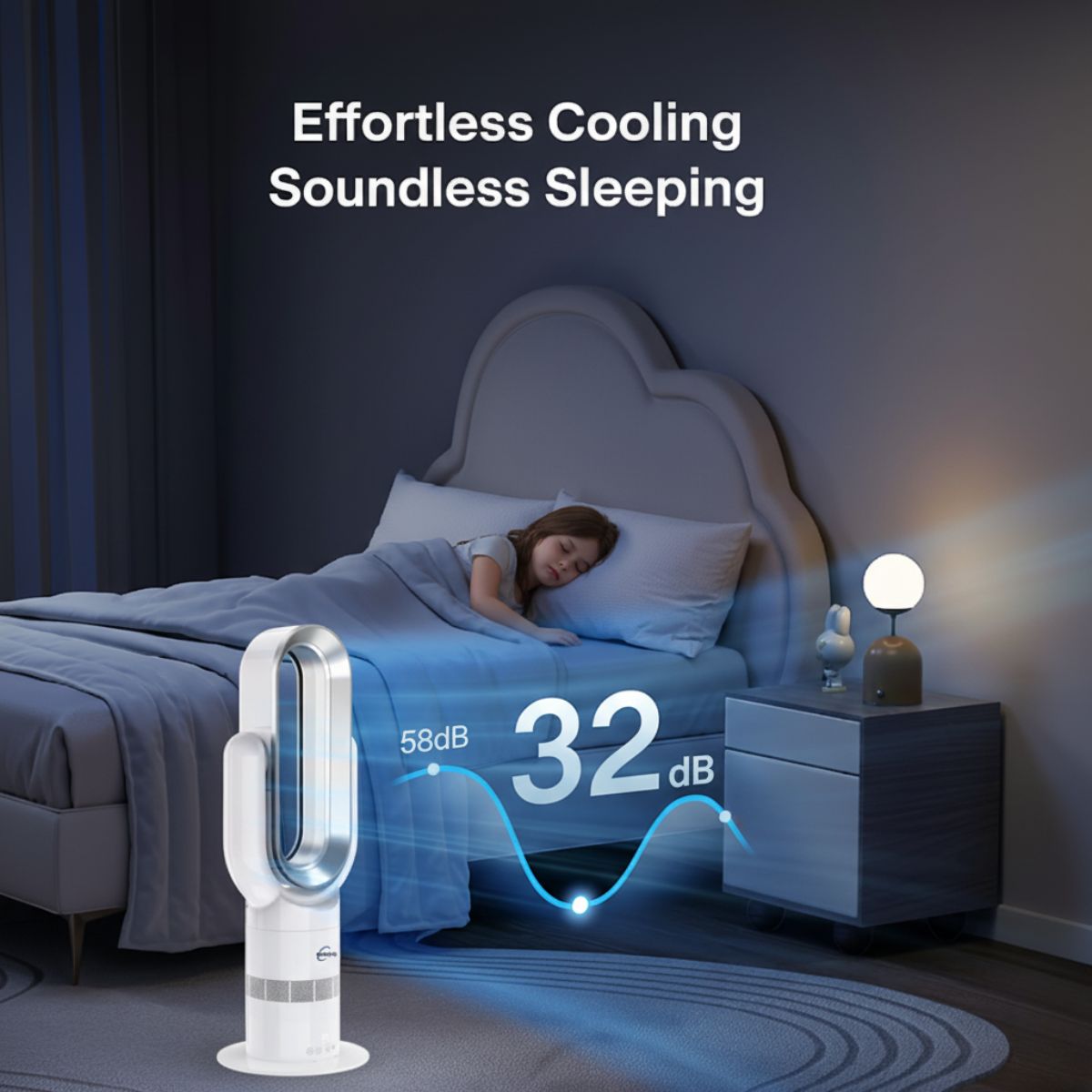 Hot and Cool Bladeless Fan - 2-in-1 Tower Heater for Bedroom | ThermalFlow | Silver/White