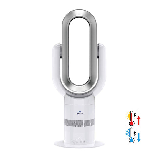 Hot and Cool Bladeless Fan - 2-in-1 Tower Heater for Bedroom | ThermalFlow | Silver/White