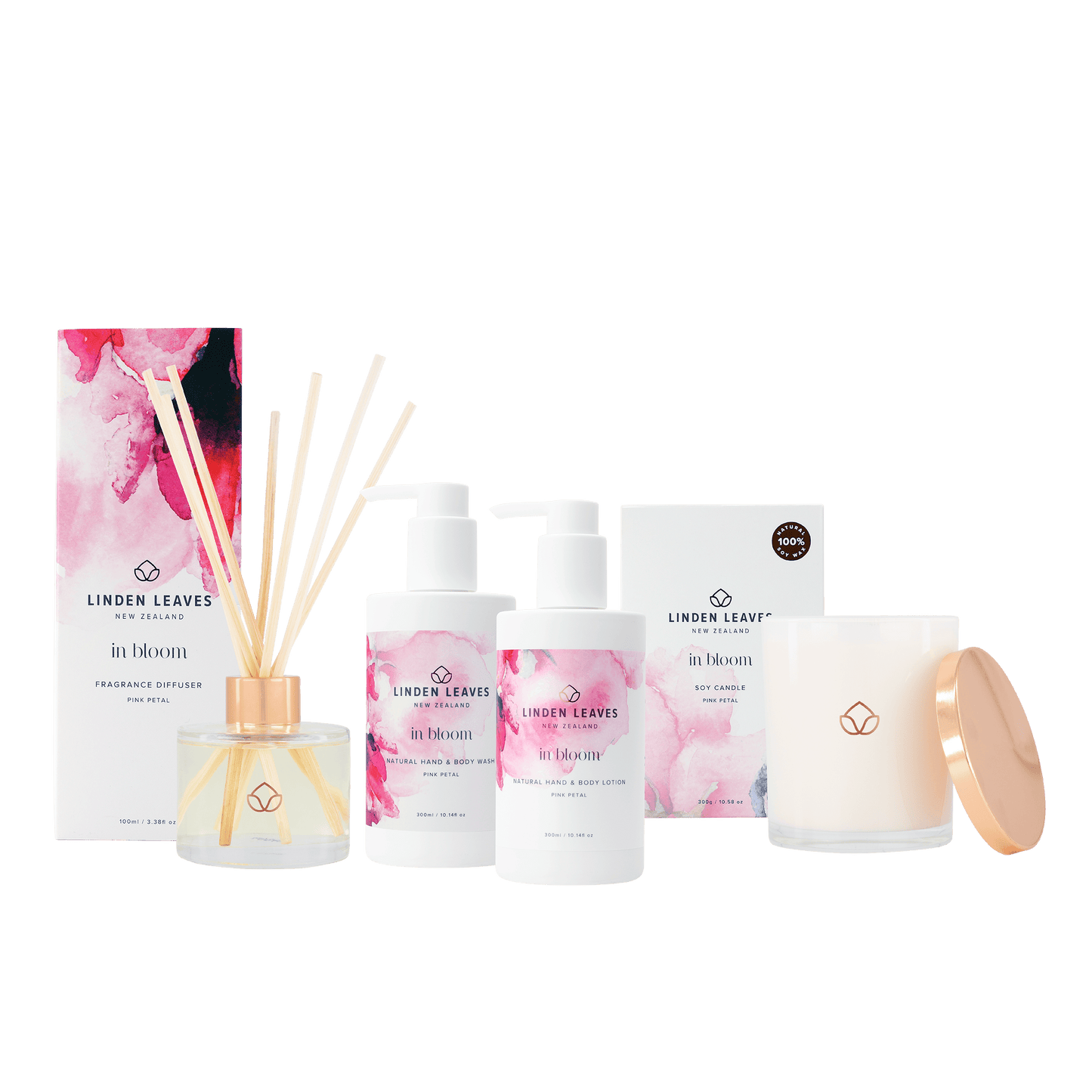 Pink Petal Soy Candle, Fragrance Diffuser, Hand & Body Lotion & Hand & Body Wash