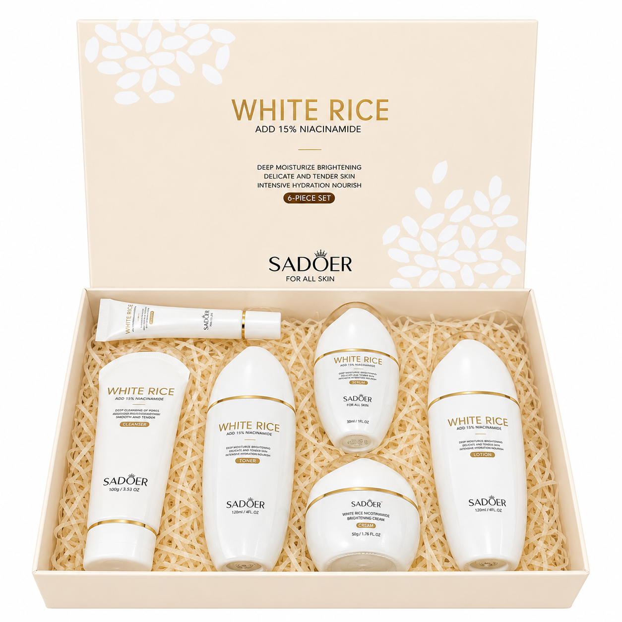 SADOER Rice Niacinamide Skincare Set - 6 Piece Firming Skincare Kit