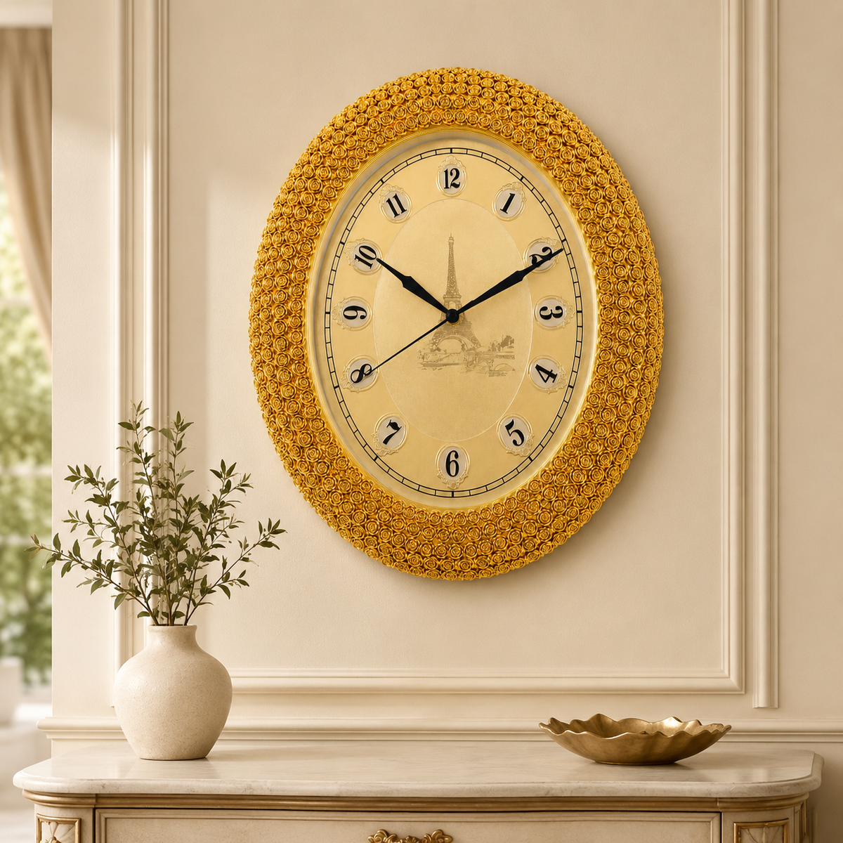 46cm Ornate Gold Rose Oval Wall Clock – Item 323