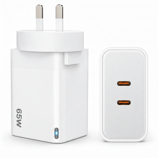 65W GaN Fast Wall Charger Dual USB-C PD 3.0 Power Adapter for Laptop, Tablet & Smartphone (White)