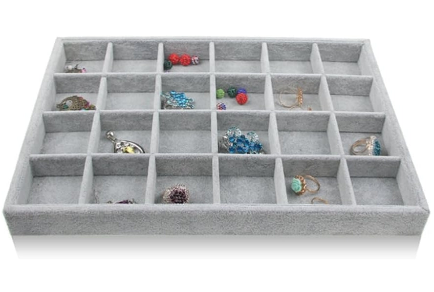 Grey Velvet 24 Compartment Jewelry Display Showcase Organizer Holder