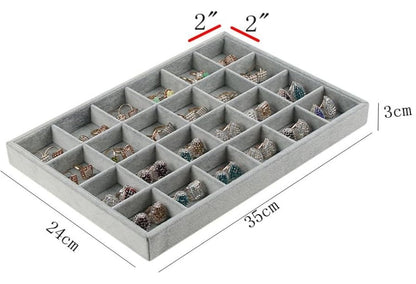 Grey Velvet 24 Compartment Jewelry Display Showcase Organizer Holder