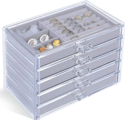 Earring Jewelry Organiser with 5 Drawers, Clear Acrylic Jewelry Box Velvet Earring Display Holder
