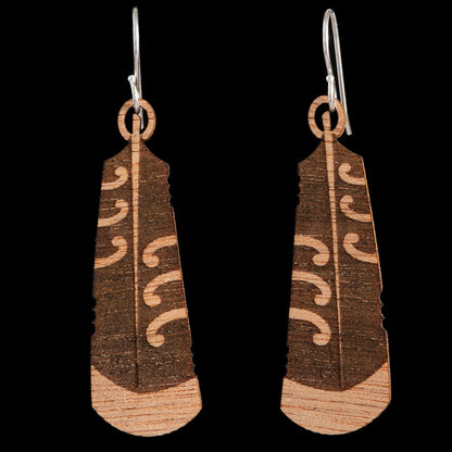 Wooden Huia Feather Earrings by Kristal Thompson Large = 60mm Long (2.3 Inches)