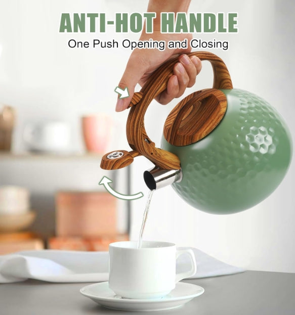 3L Whistling Stainless Steel Diamond Pattern Tea Kettle with Wood Grain Handle Black