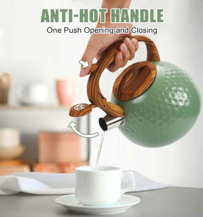 3L Whistling Stainless Steel Diamond Pattern Tea Kettle with Wood Grain Handle Black