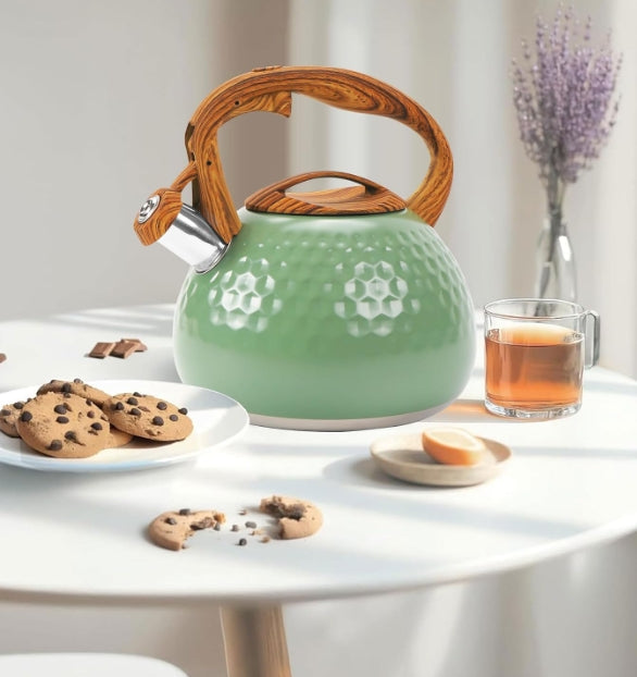 3L Whistling Stainless Steel Diamond Pattern Tea Kettle with Wood Grain Handle Black