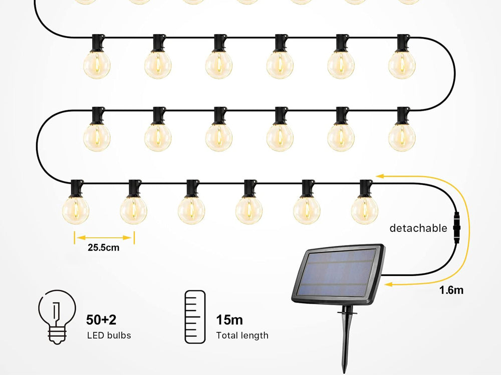 Solar Powered Festoon String Lights 15m with 50 Bulbs