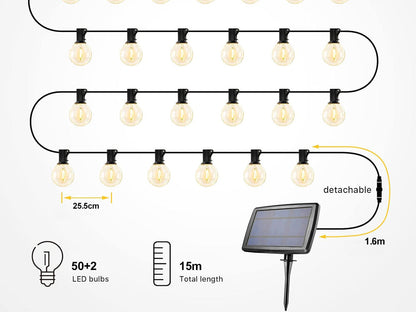 Solar Powered Festoon String Lights 15m with 50 Bulbs