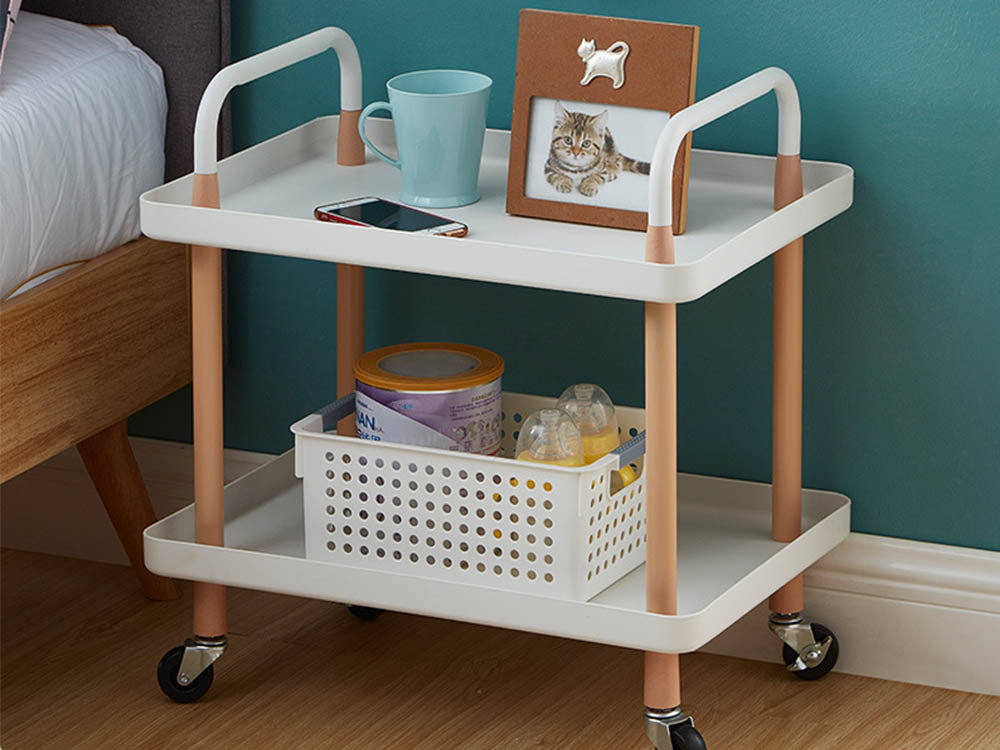2 Tiers Utility Rolling Cart Multi-Function Storage Rack -White