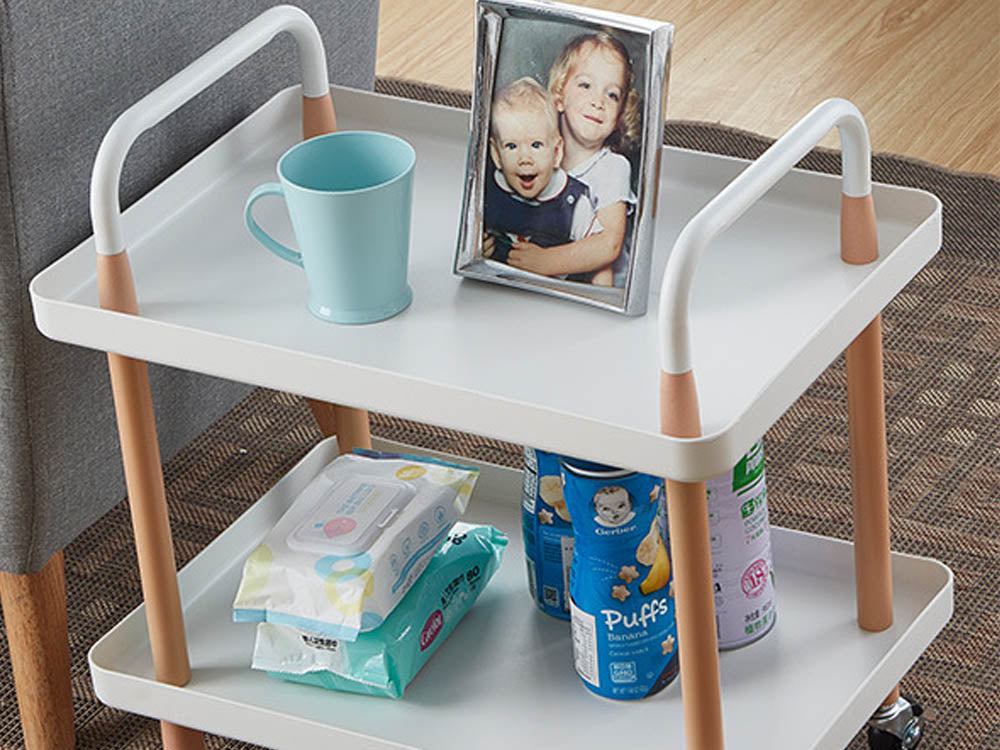 2 Tiers Utility Rolling Cart Multi-Function Storage Rack -White