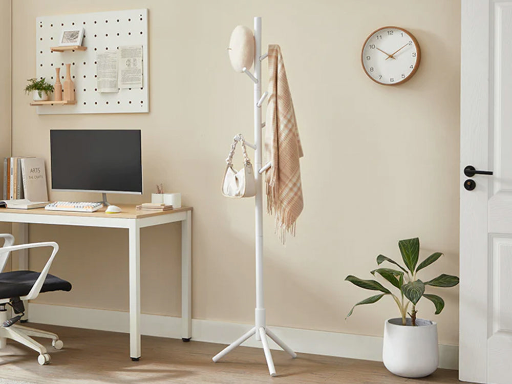 Solid Wood Coat Rack with 8 Hooks - White