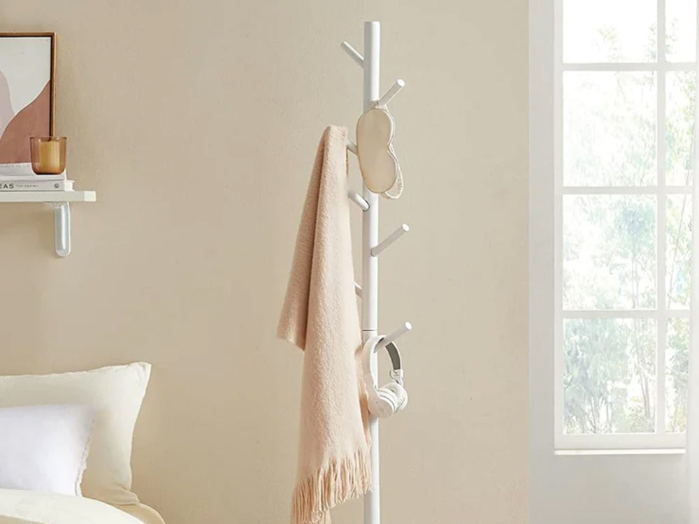Solid Wood Coat Rack with 8 Hooks - White