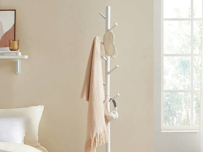 Solid Wood Coat Rack with 8 Hooks - White