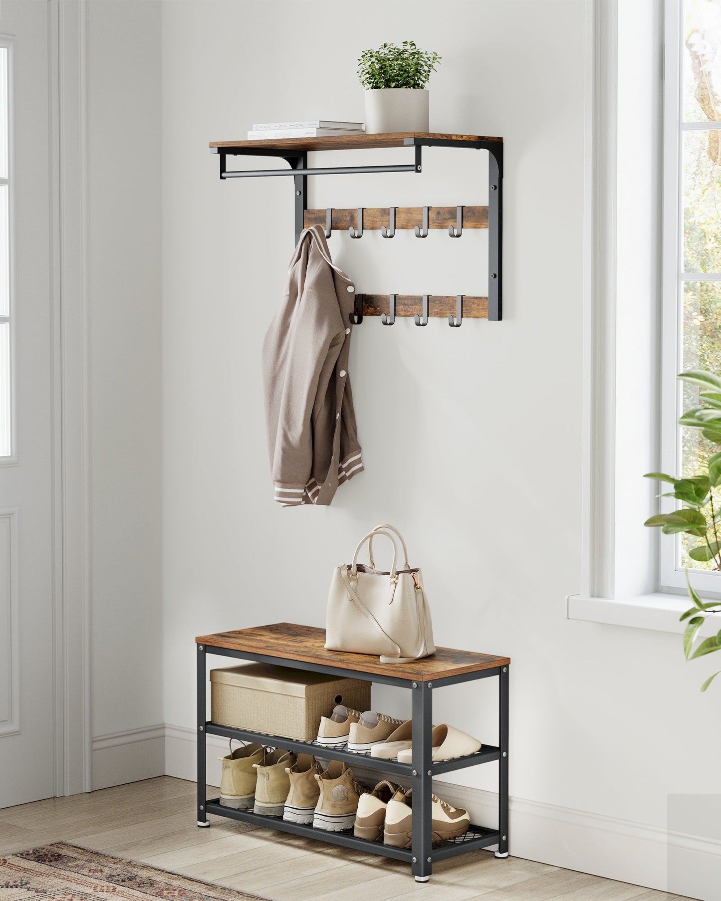 VASAGLE Shoe Storage Bench Rack with 2 Shelves - Rustic Brown