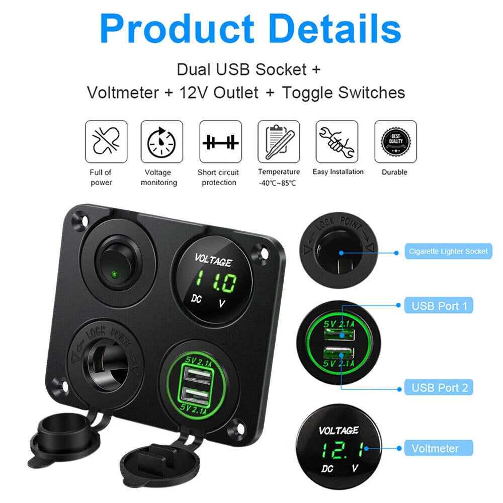 LED Rocker Switch Panel Dual USB