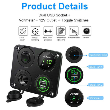 LED Rocker Switch Panel Dual USB