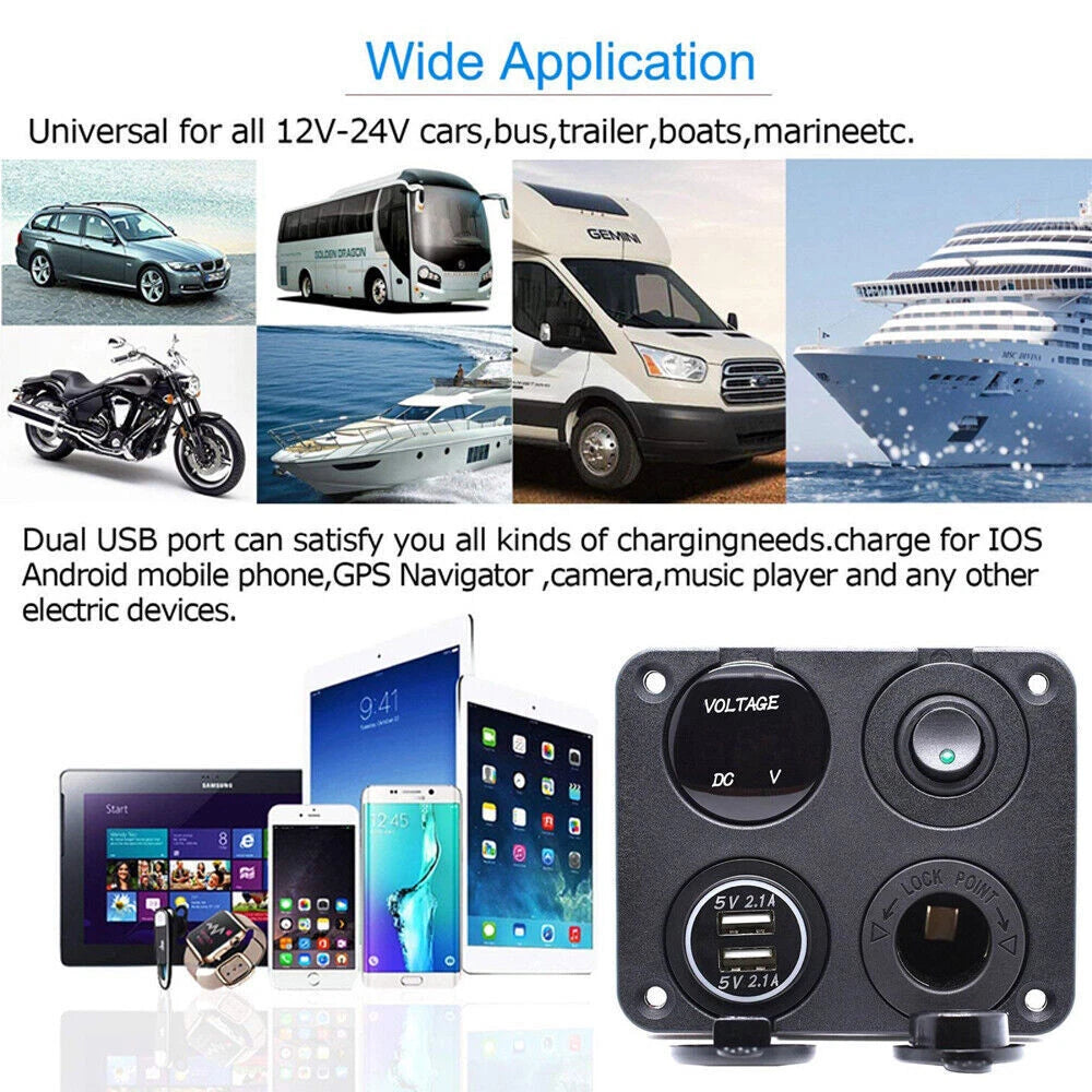 LED Rocker Switch Panel Dual USB