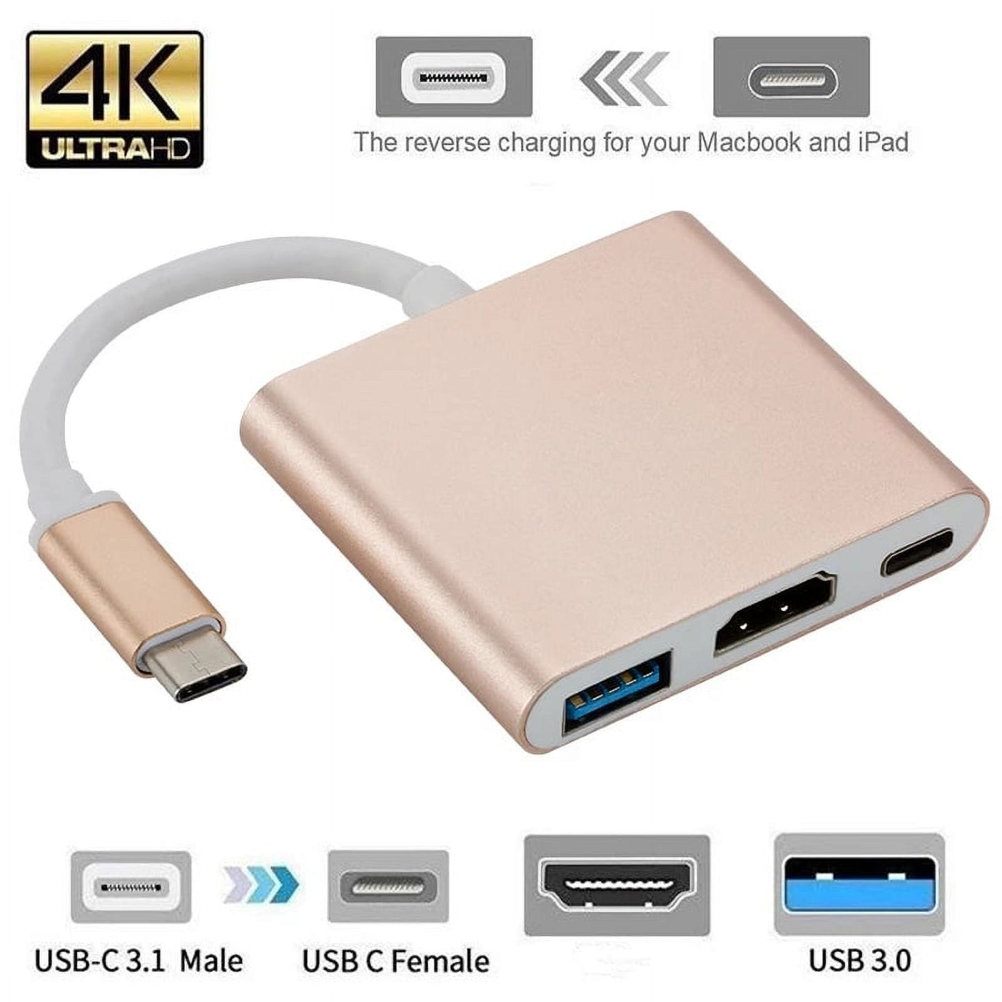 Type C To USB 3.0 HDMI Female 4K Hub Adapter (Gold)