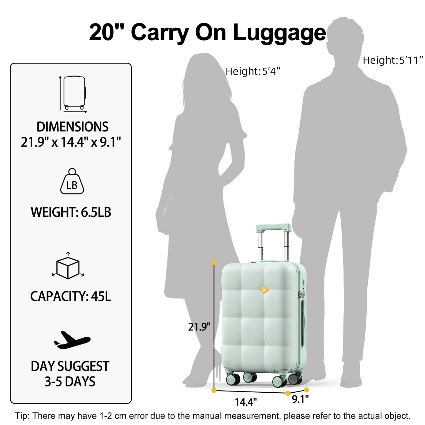 Carry On Suitcase – Lightweight Hard Case Cabin Luggage - Mint Green | CloudLite | 55cm