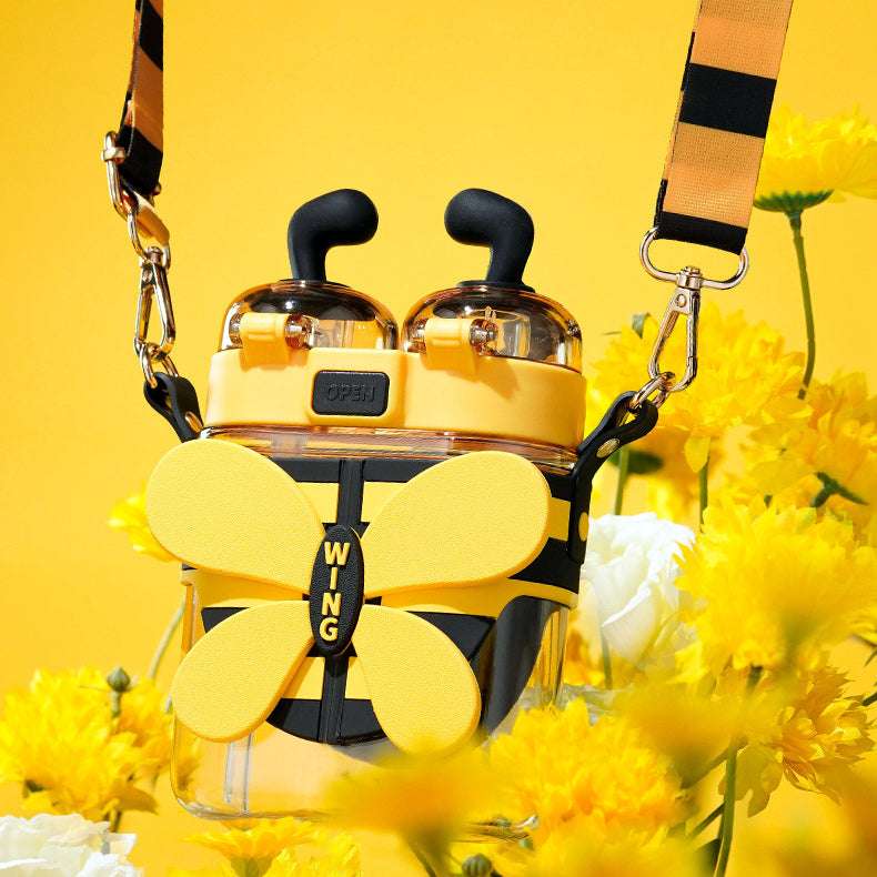Little Bee Kids Water Bottle with Dual Straws & Flip-top Lids 570ml