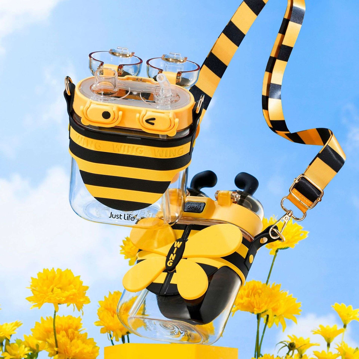 Little Bee Kids Water Bottle with Dual Straws & Flip-top Lids 570ml