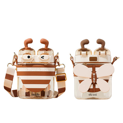 Little Bee Kids Water Bottle with Dual Straws & Flip-top Lids 570ml