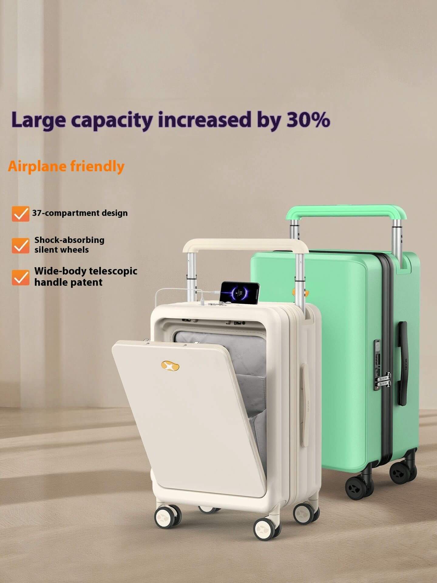 Carry On Luggage - Hard Shell Cabin Suitcase with Laptop Compartment | Lumo One Access | Cream Beige | 56 cm
