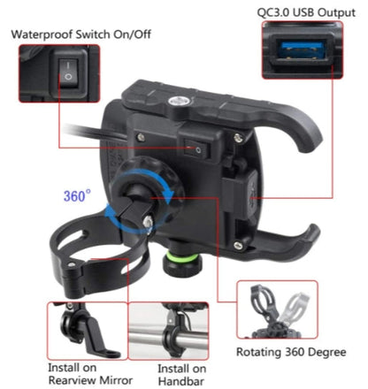 Motorcycle Phone Mount Charger USB 3.0 Socket Handlebar/ Rear-View Mirror