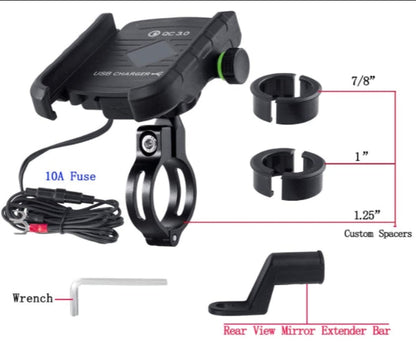 Motorcycle Phone Mount Charger USB 3.0 Socket Handlebar/ Rear-View Mirror