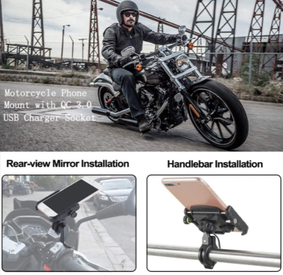 Motorcycle Phone Mount Charger USB 3.0 Socket Handlebar/ Rear-View Mirror