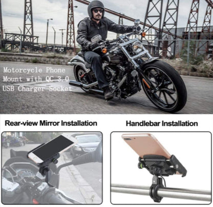 Motorcycle Phone Mount Charger USB 3.0 Socket Handlebar/ Rear-View Mirror