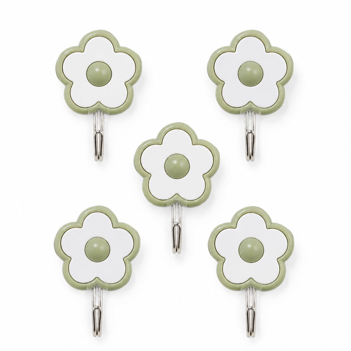 5-Pack Flower Adhesive Wall Hooks – Sage Green & White