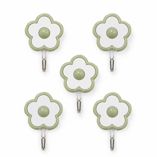 5-Pack Flower Adhesive Wall Hooks – Sage Green & White