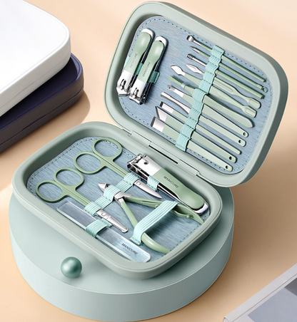 stainless steel manicure professional tool kit with a Hardshell Case Green