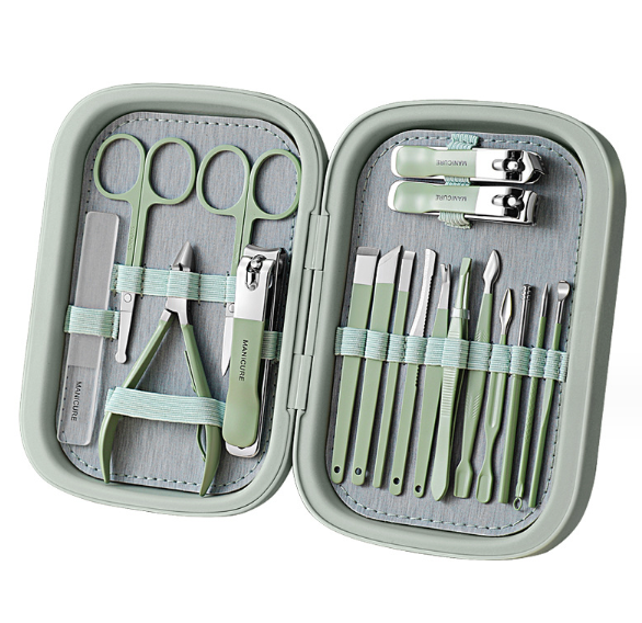 stainless steel manicure professional tool kit with a Hardshell Case Green