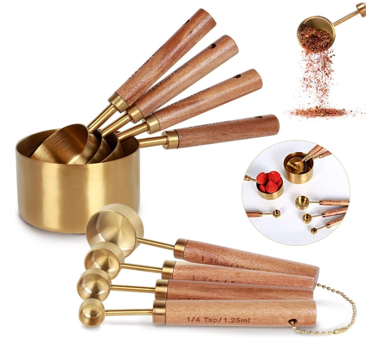 Collection 8 Piece Gold Measuring Cups Set and Measuring Spoons
