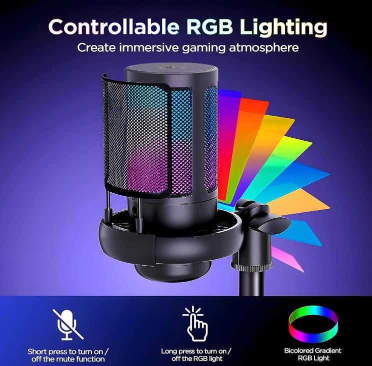 XVersion RGB Gaming Streaming Microphone for PC/PS5 with Volume Controlling, Pop Filter, Condensor Mic with Quick Mute,