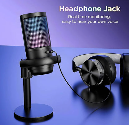 XVersion RGB Gaming Streaming Microphone for PC/PS5 with Volume Controlling, Pop Filter, Condensor Mic with Quick Mute,