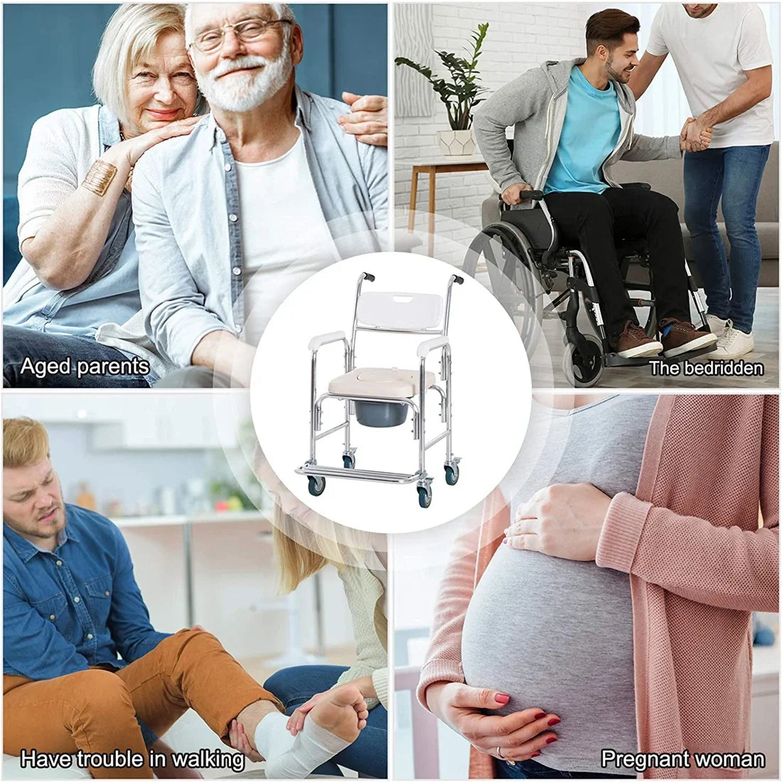 Mobile Shower Toilet Commode Chair Bath Wheelchair 4 in 1 Bath Stool Folding with Arms