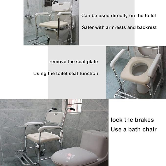 Mobile Shower Toilet Commode Chair Bath Wheelchair 4 in 1 Bath Stool Folding with Arms