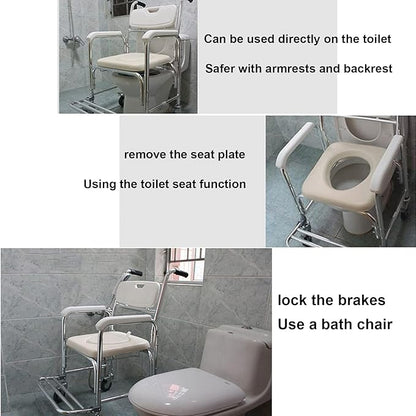 Mobile Shower Toilet Commode Chair Bath Wheelchair 4 in 1 Bath Stool Folding with Arms
