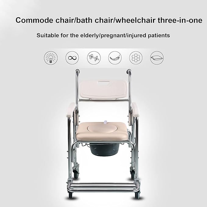 Mobile Shower Toilet Commode Chair Bath Wheelchair 4 in 1 Bath Stool Folding with Arms