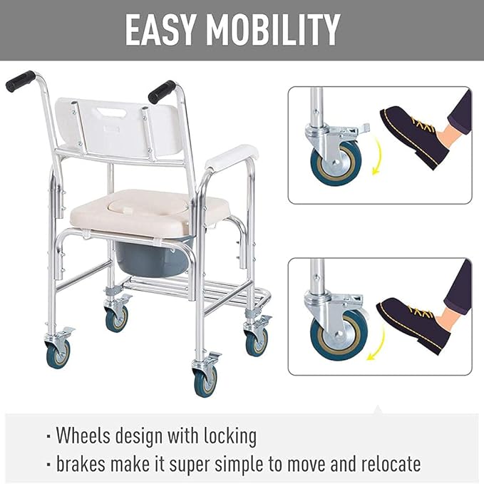 Mobile Shower Toilet Commode Chair Bath Wheelchair 4 in 1 Bath Stool Folding with Arms