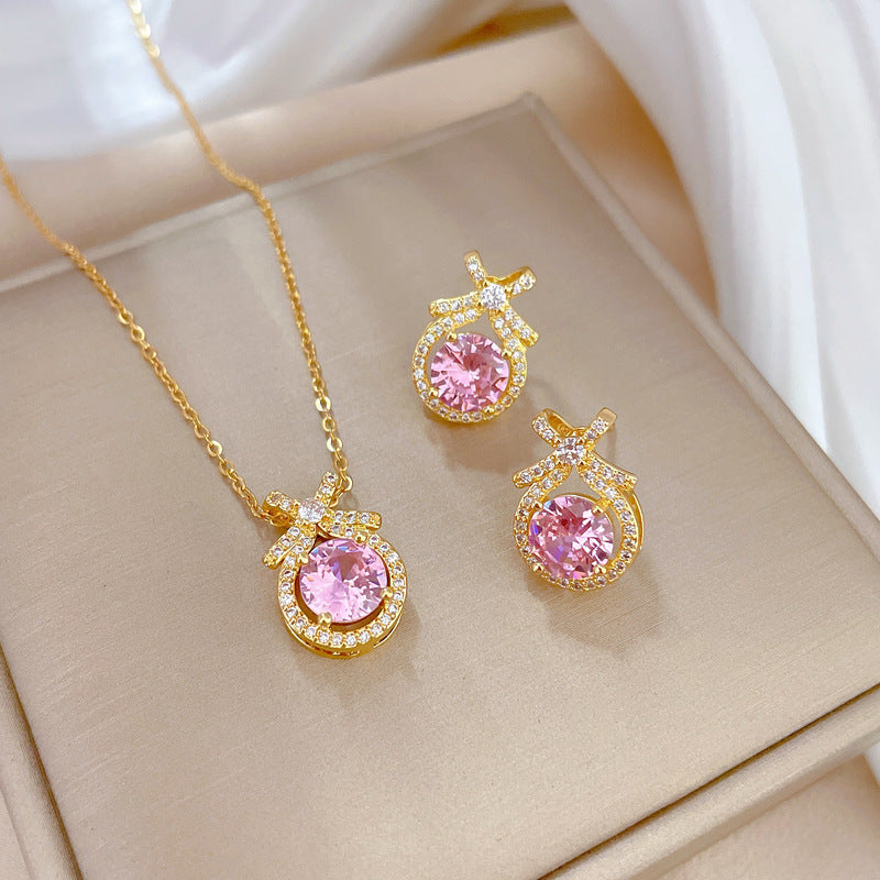 Rosabelle Pink Crystal Gold Necklace & Earrings Set