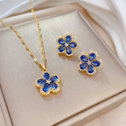 Sapphire Blossom Gold Crystal Necklace & Earrings Set