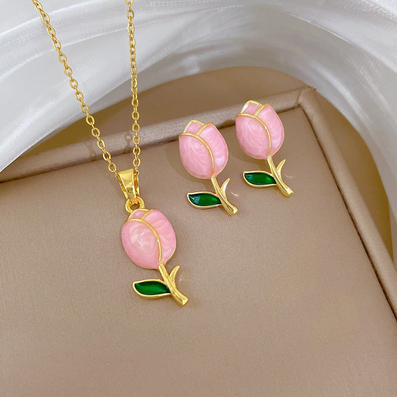 Blush Tulip Gold Necklace & Earrings Set